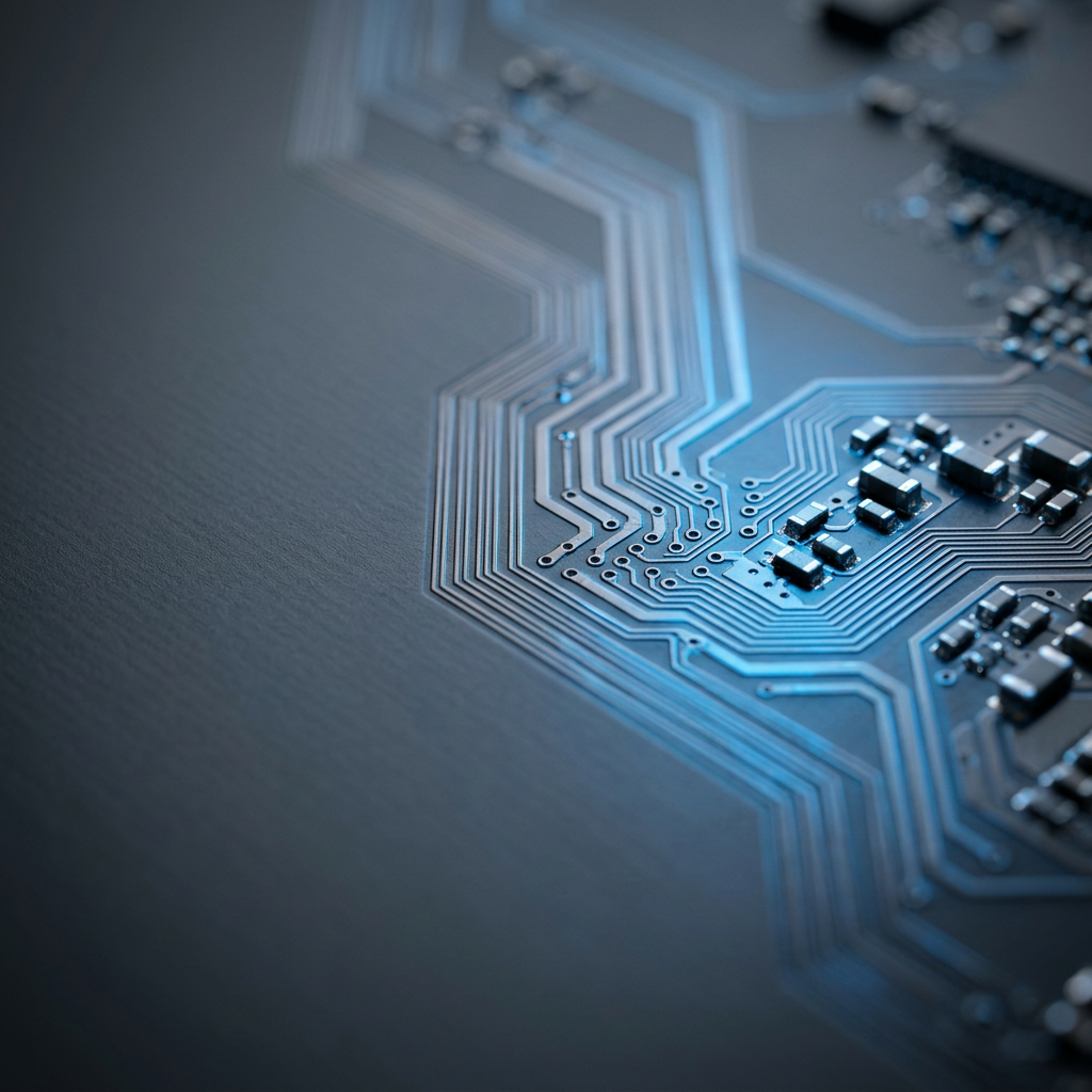Circuit board pathways with blue accent lighting