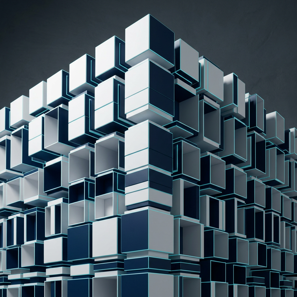 Modular geometric structure with cyan edge highlights