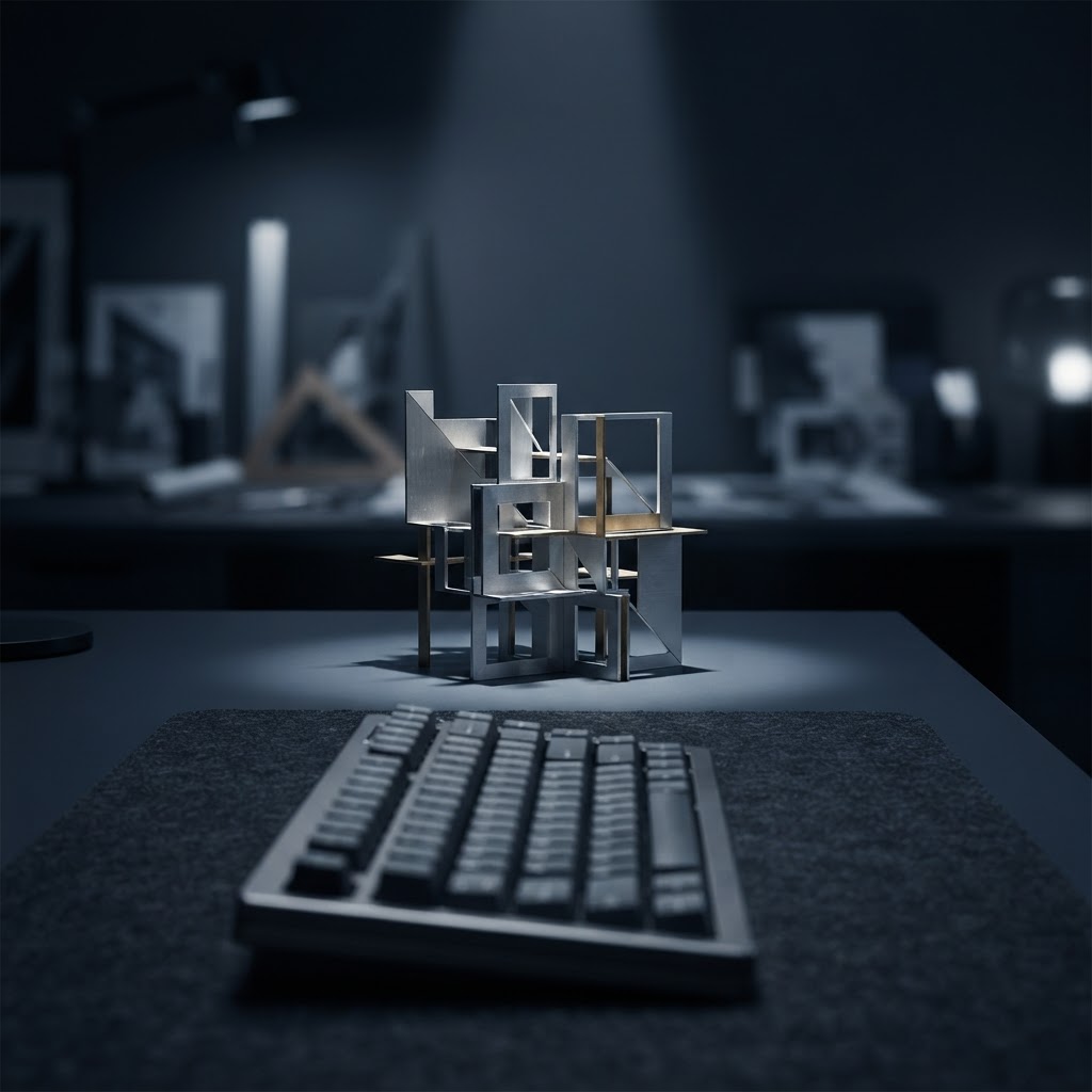 Minimalist desk space with a focus on structural precision