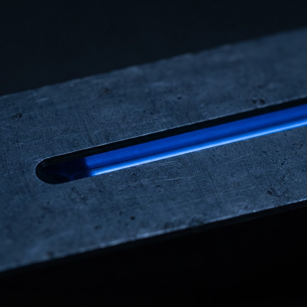 Macro view of a metallic surface with an electric blue light groove