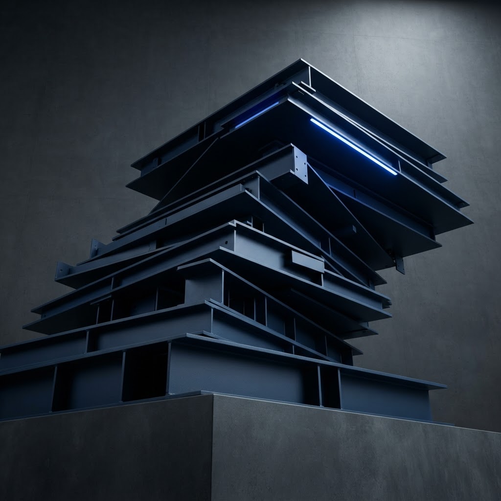 Tiered navy steel assembly on a slate plinth with blue light