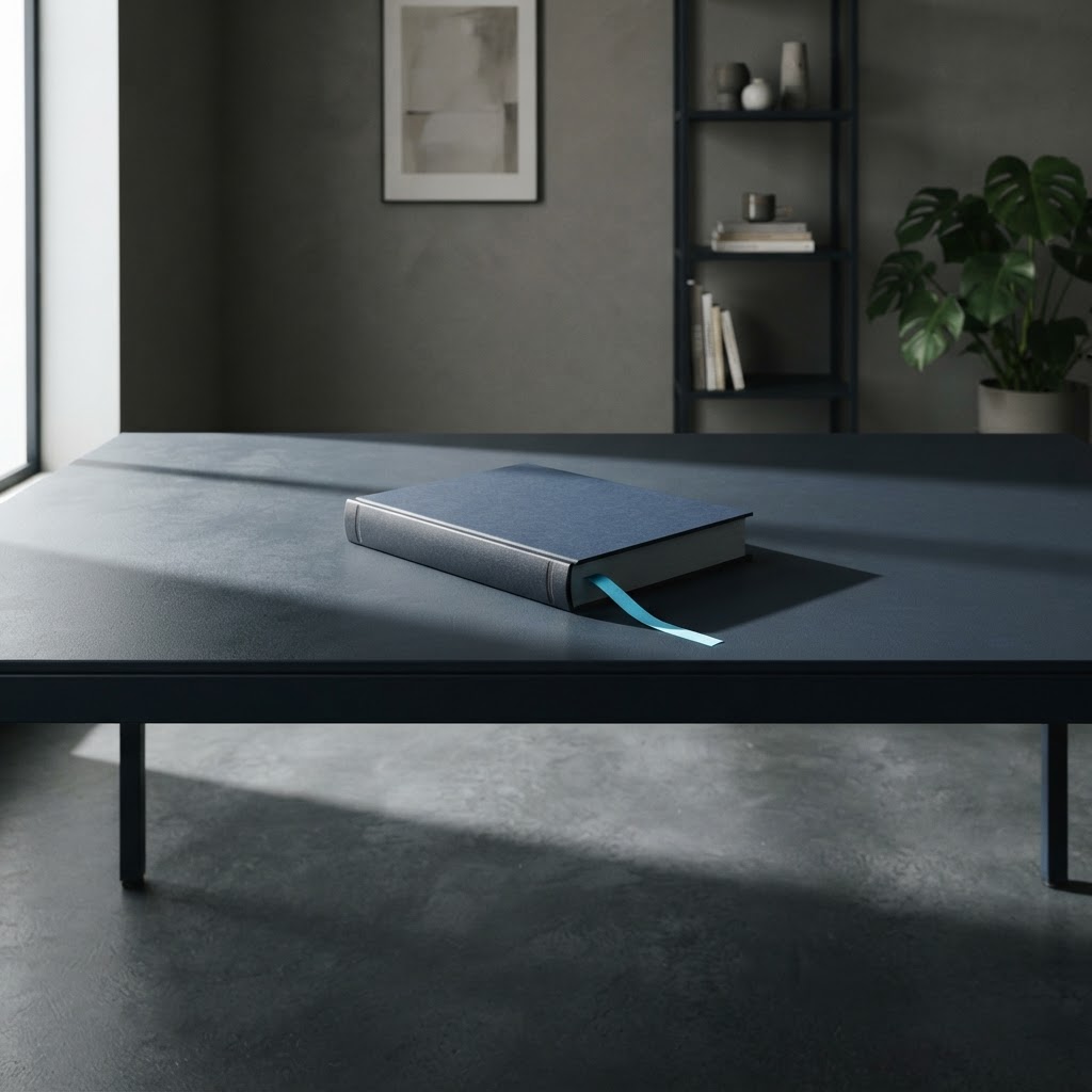 A clean navy workspace with a professional document and cyan marker