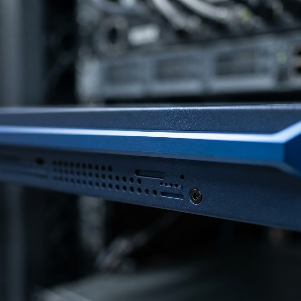 Close up macro shot of server hardware with an electric blue accent line