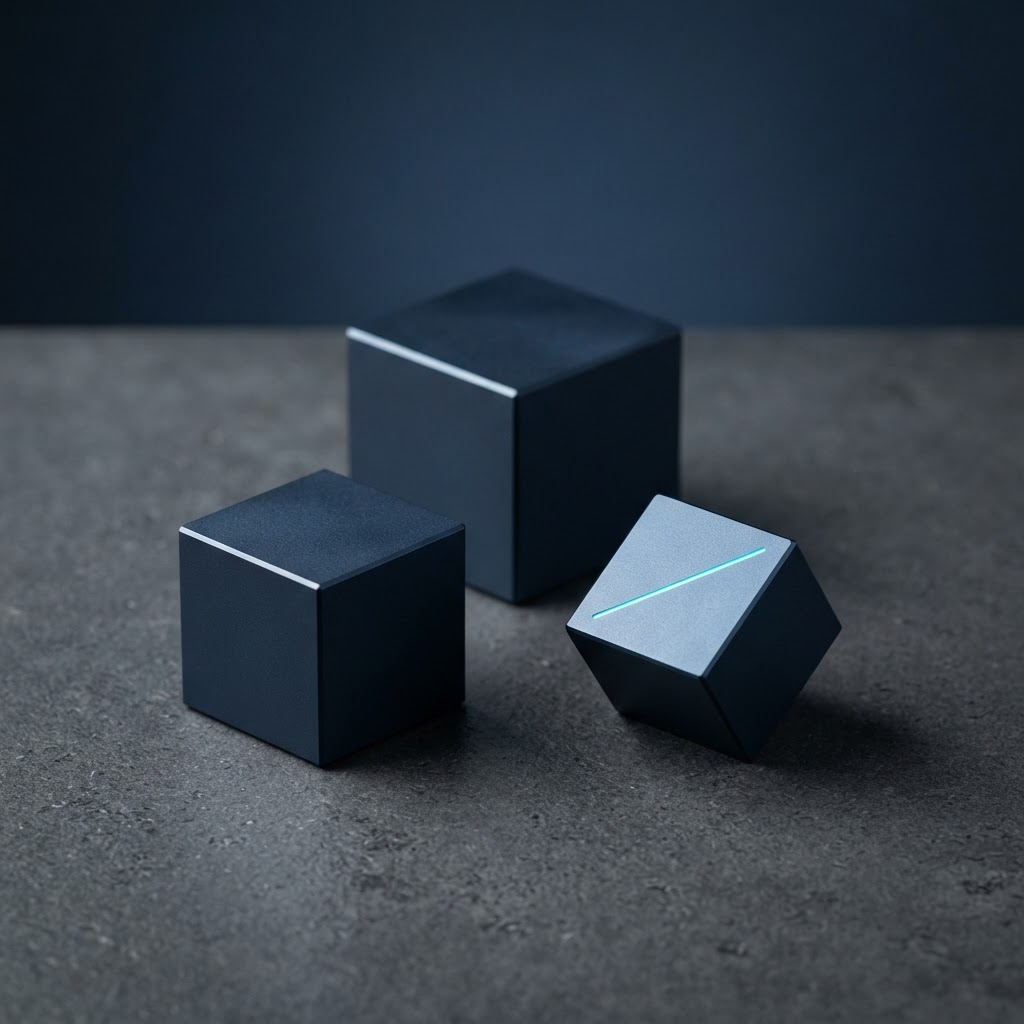 Three navy steel cubes arranged in a triangle with an electric cyan accent