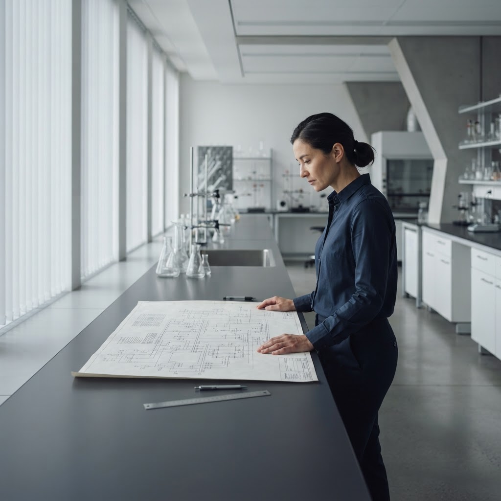 Professional reviewing complex technical plans in a quiet lab