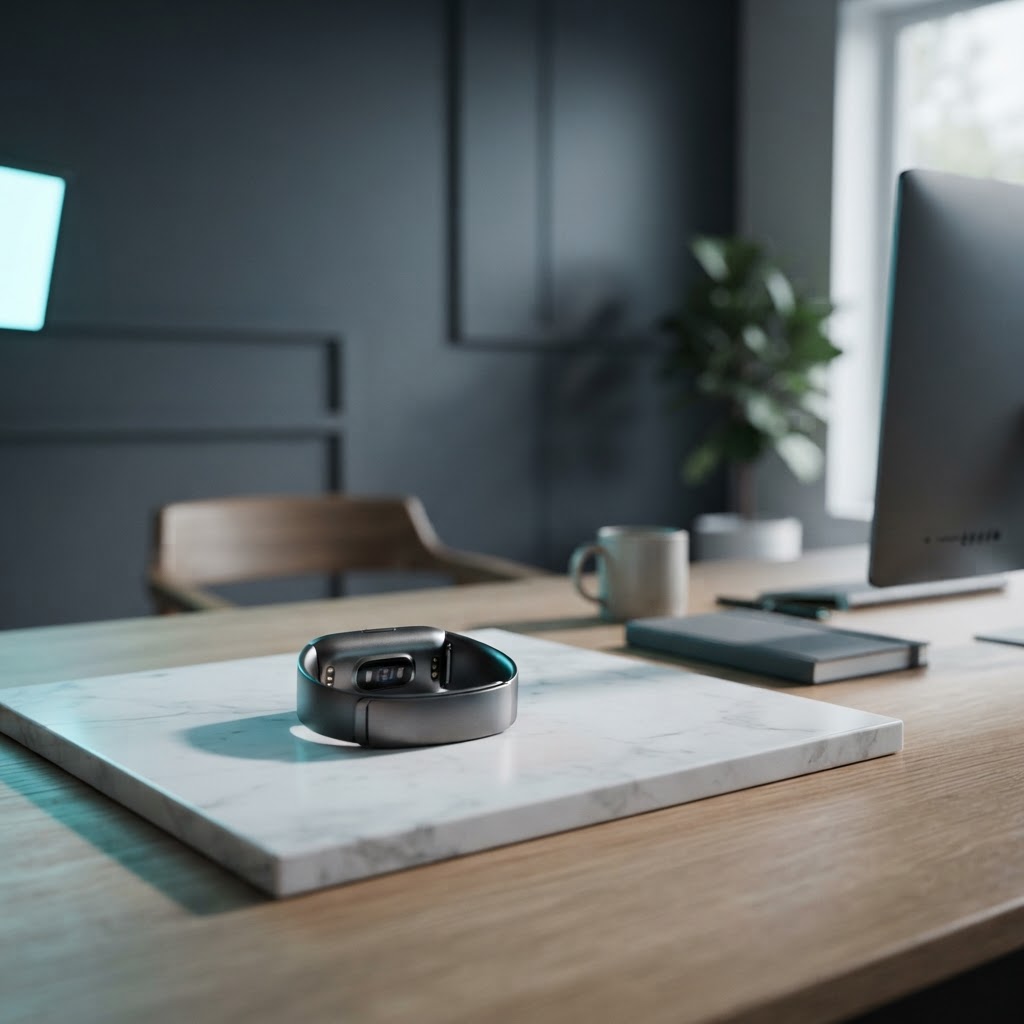 Minimalist wearable technology on a modern desk surface