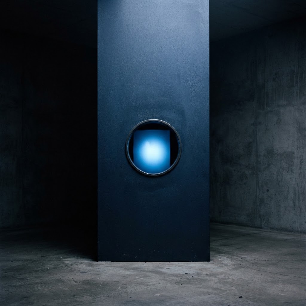 A navy steel plate with a circular cutout and blue light