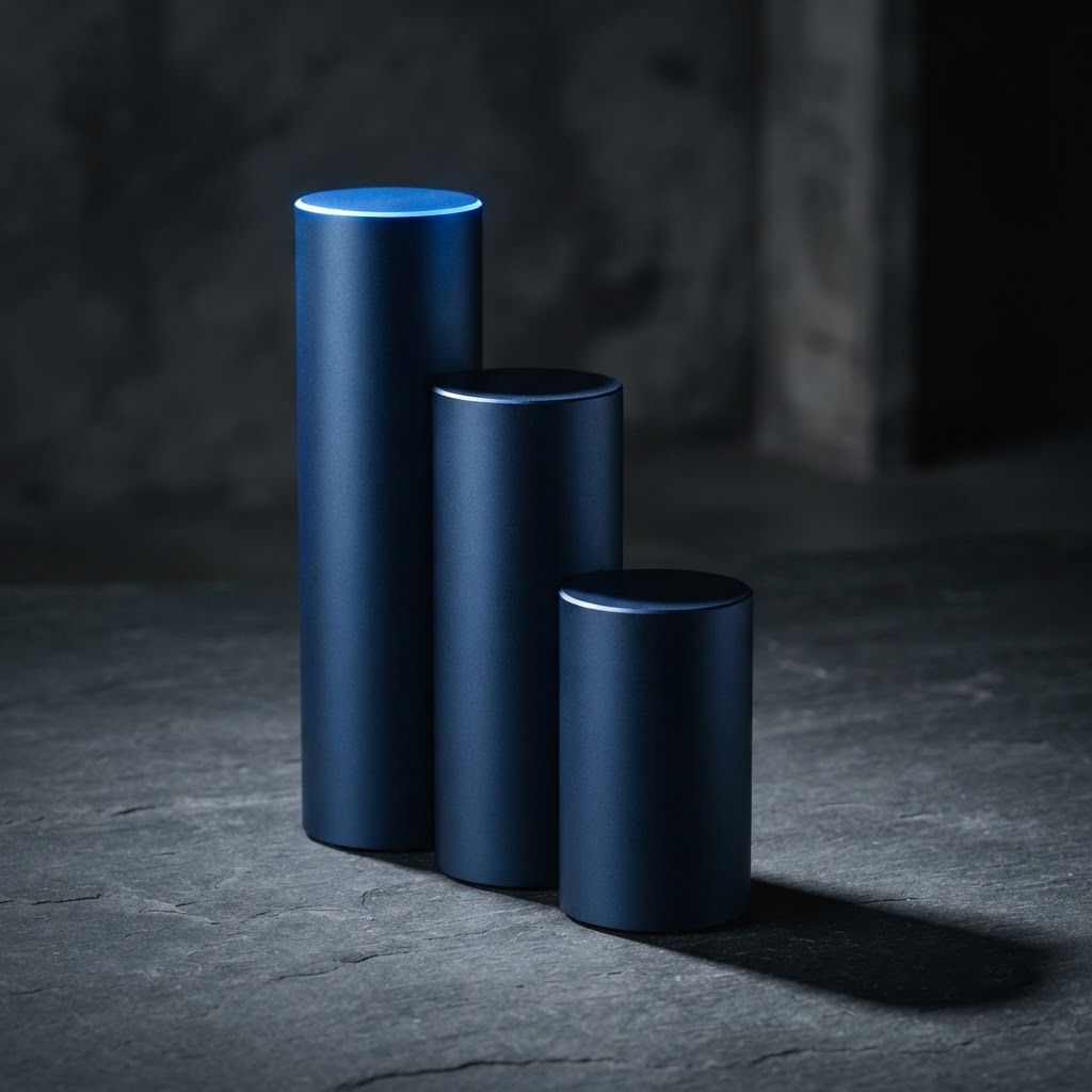 Three navy steel pillars of varying heights