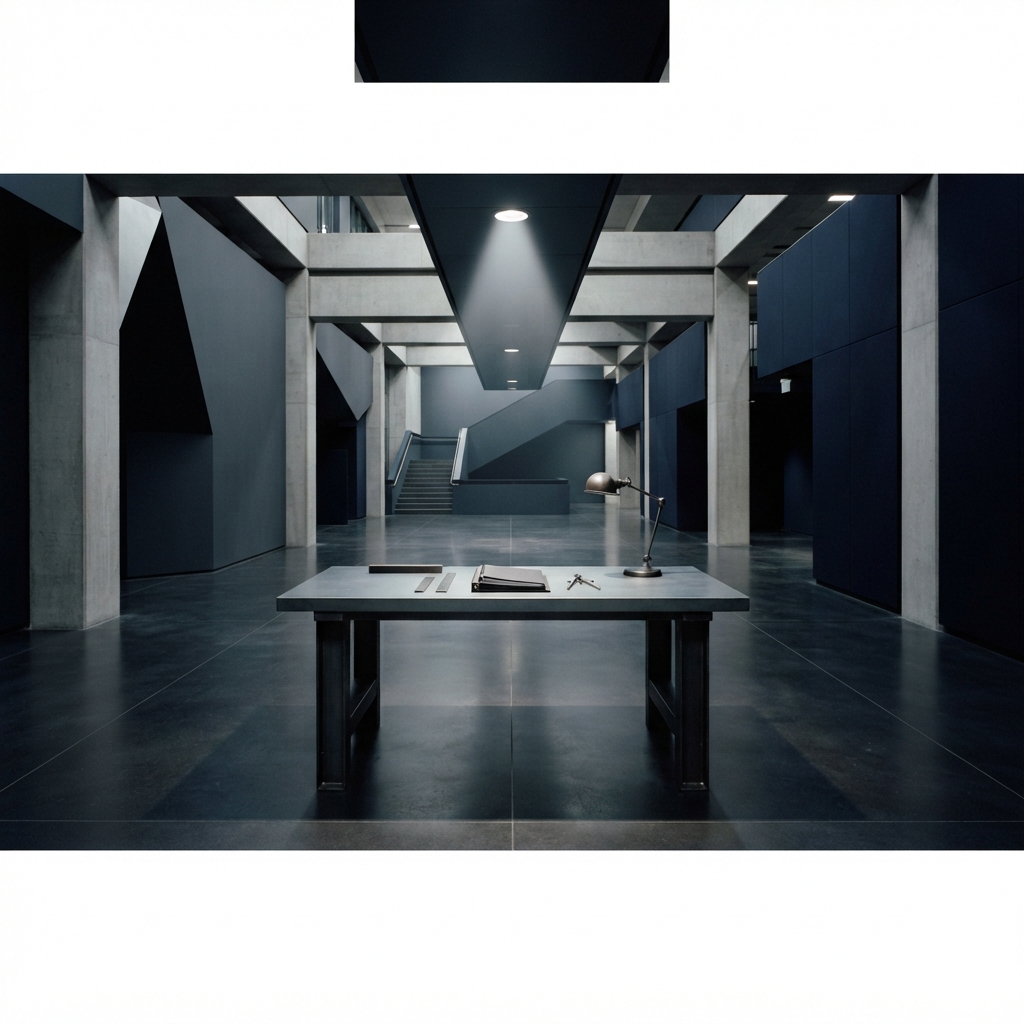 Minimalist and structured architectural workspace interior