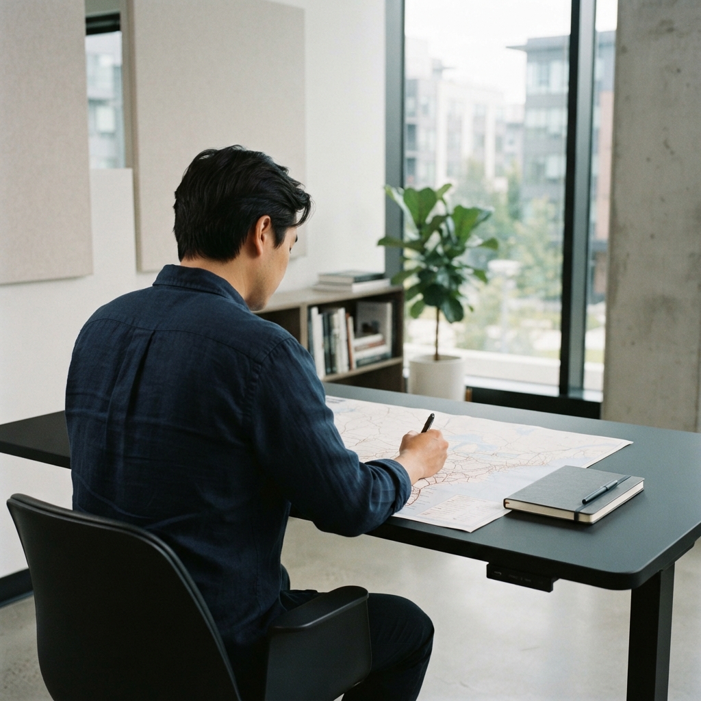Strategic logistics planning at a minimalist desk
