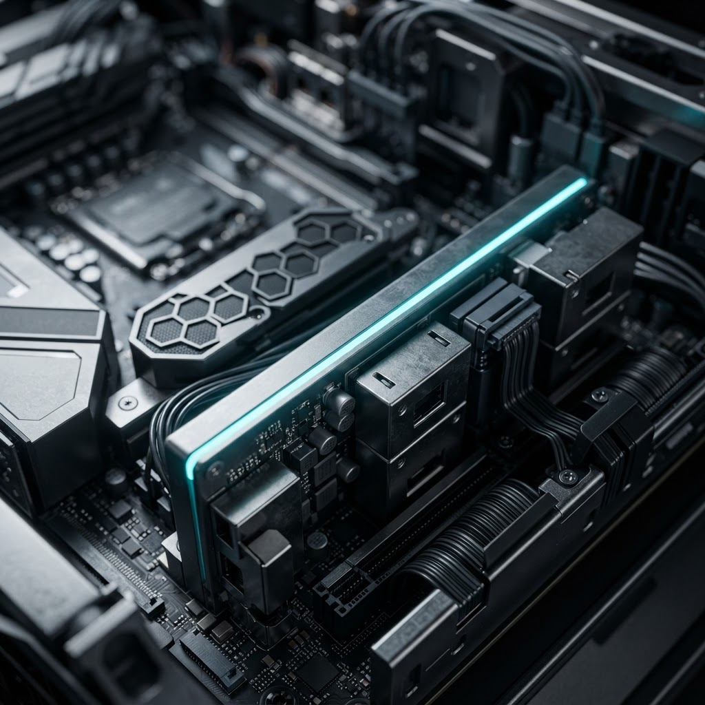 Precision industrial hardware components with cyan light accents