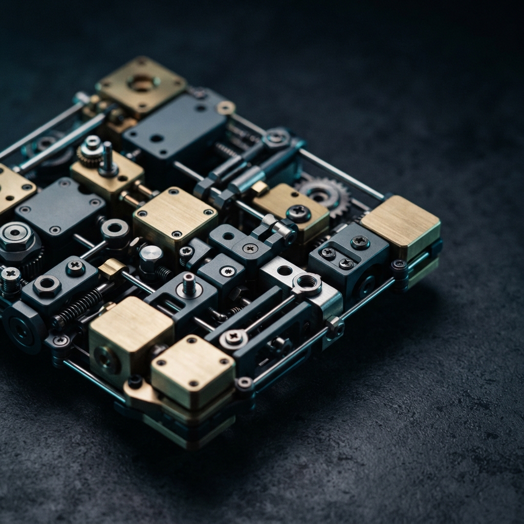 A precise modular mechanical assembly on a dark surface