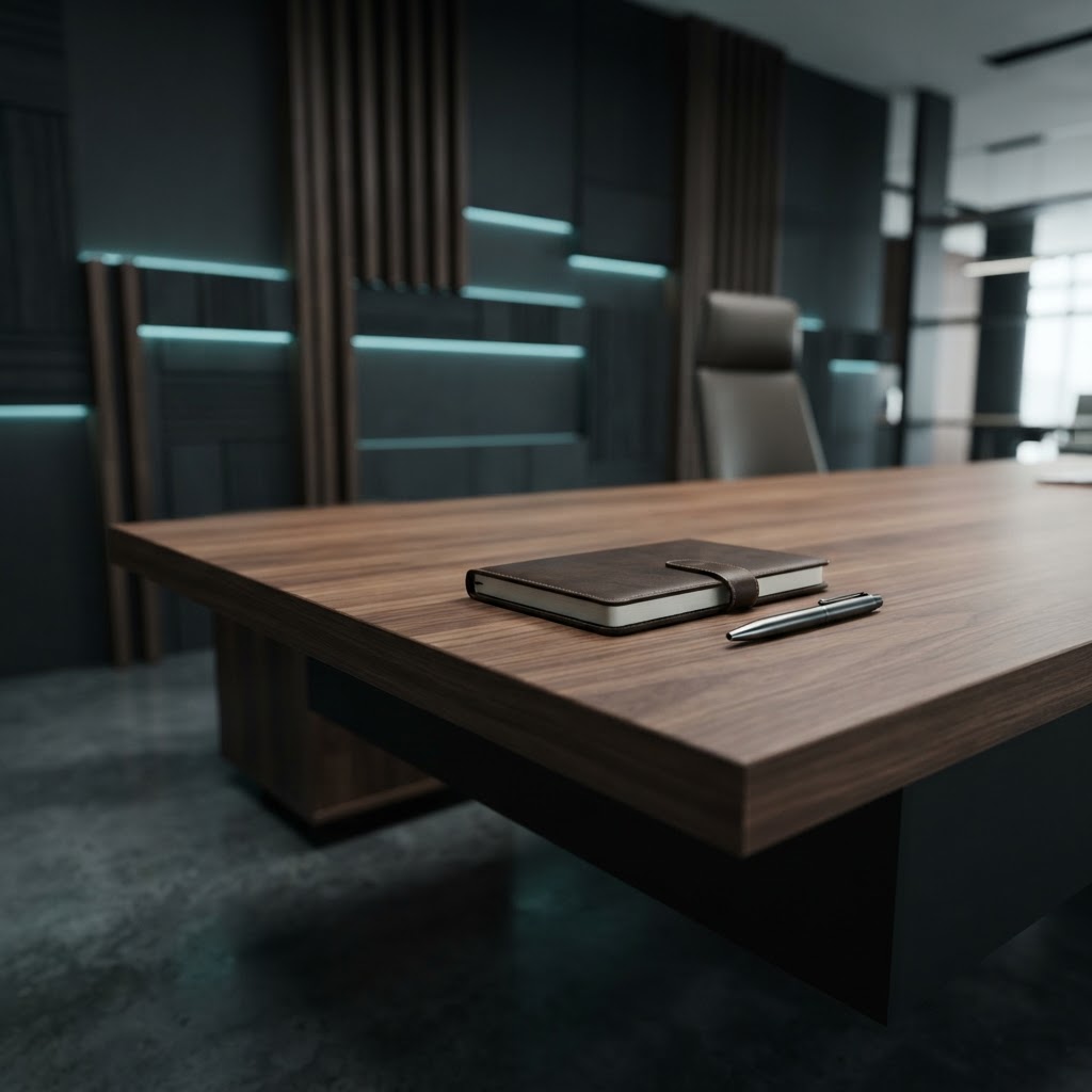 Clean professional workspace with minimalist architecture