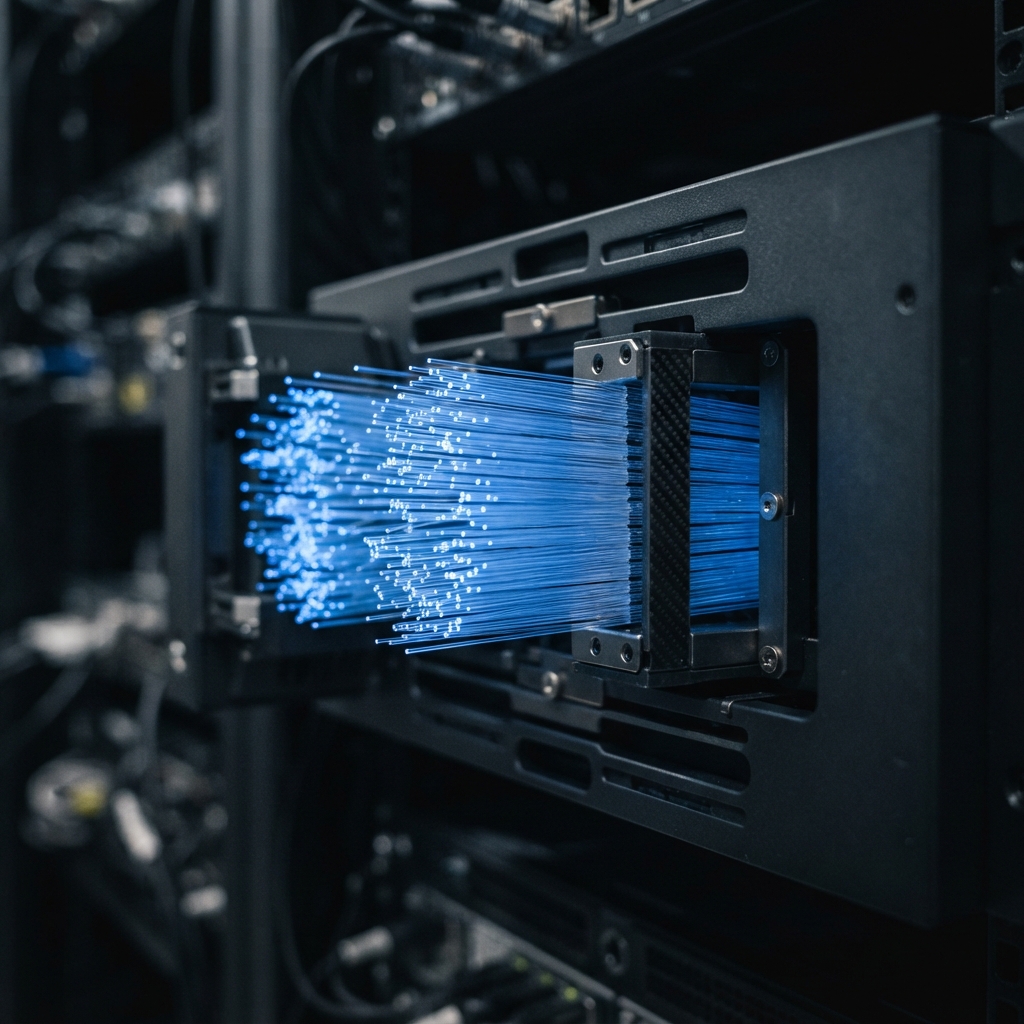 Close up of organized fiber optic light components