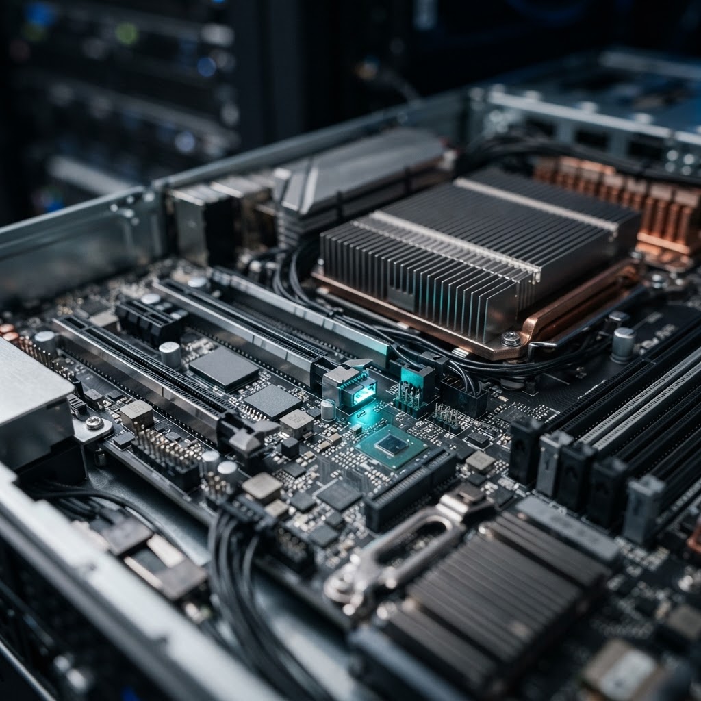 Close up view of modern server hardware components