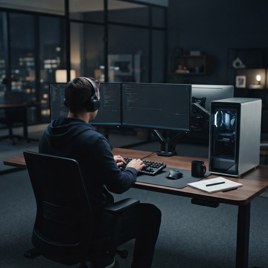 Software engineer working at a desk in a modern office