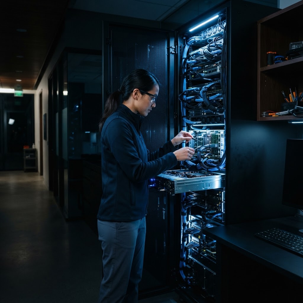 AI researcher examining server hardware in a dark professional studio