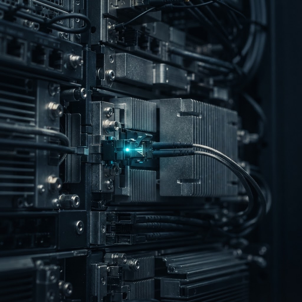 Detailed macro shot of precision server hardware components
