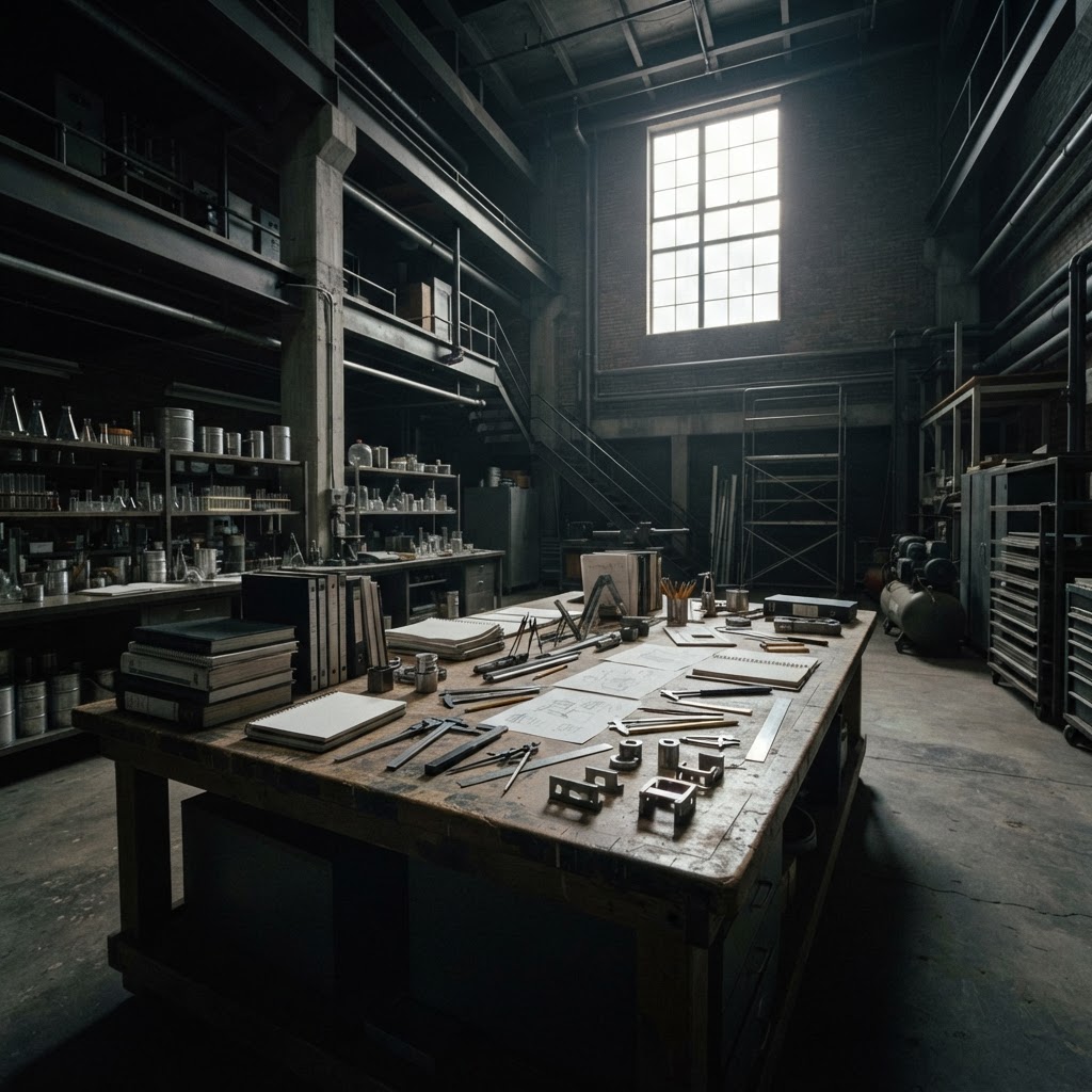 Spacious professional research lab with technical reference materials