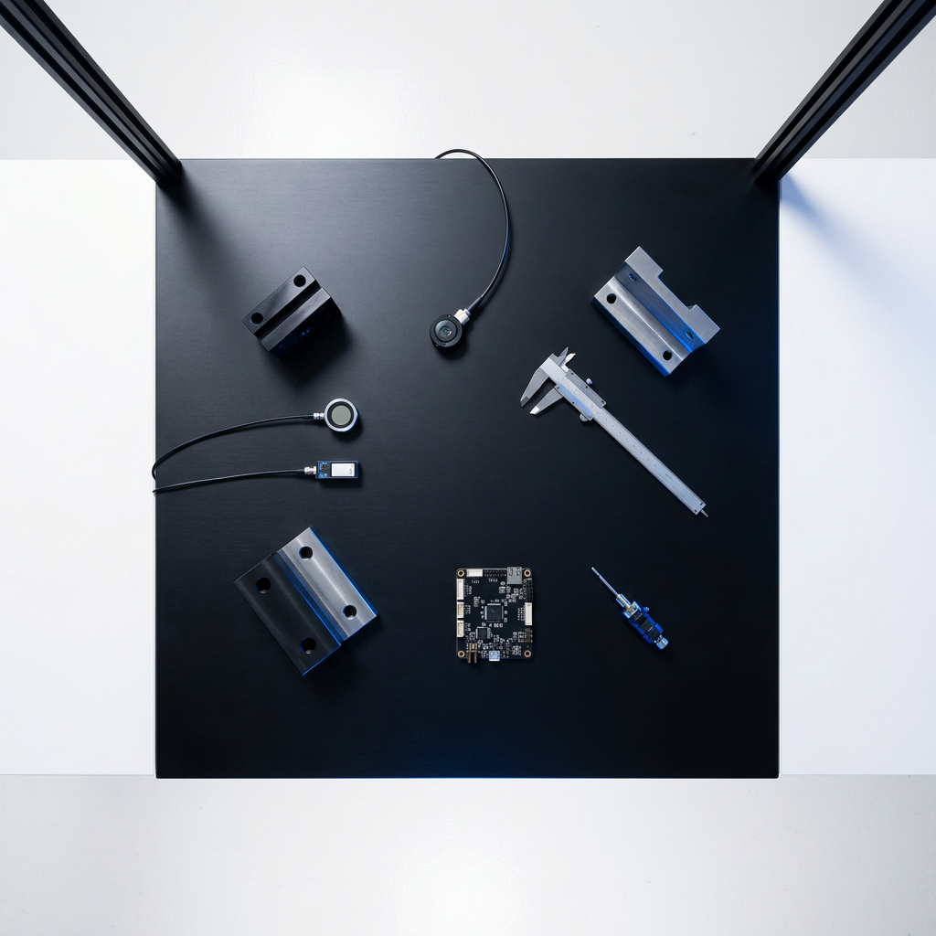 Overhead view of precisely arranged technical evaluation components