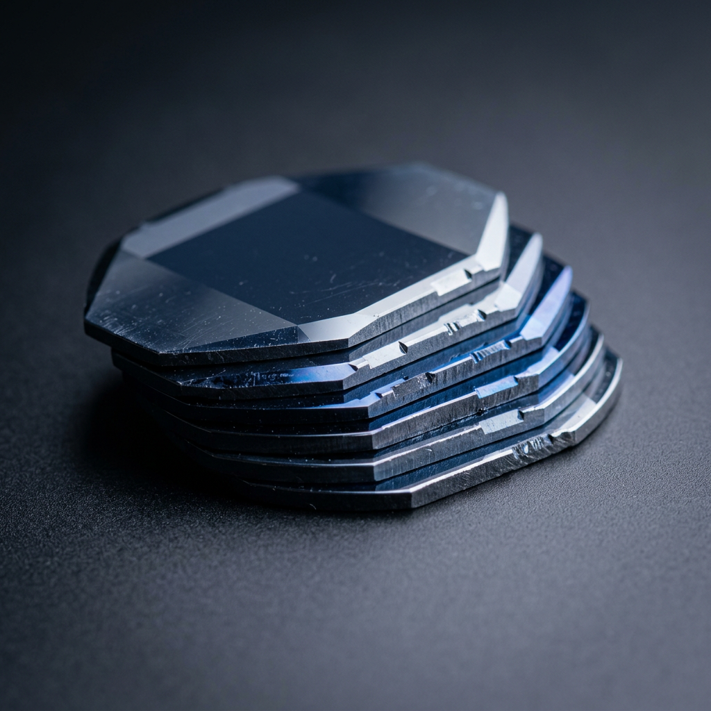 Stacked silicon wafers with precision lighting and shadows