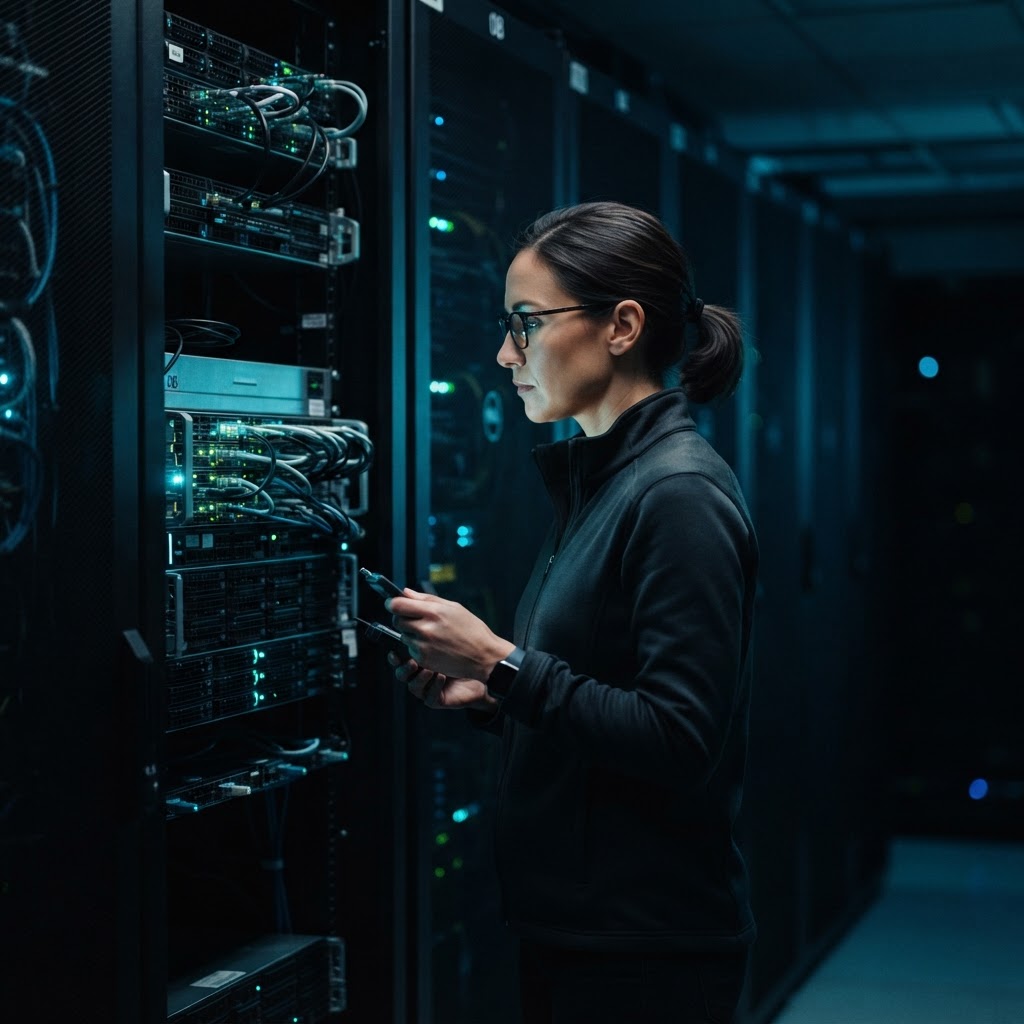 Engineer analyzing hardware in a professional data center