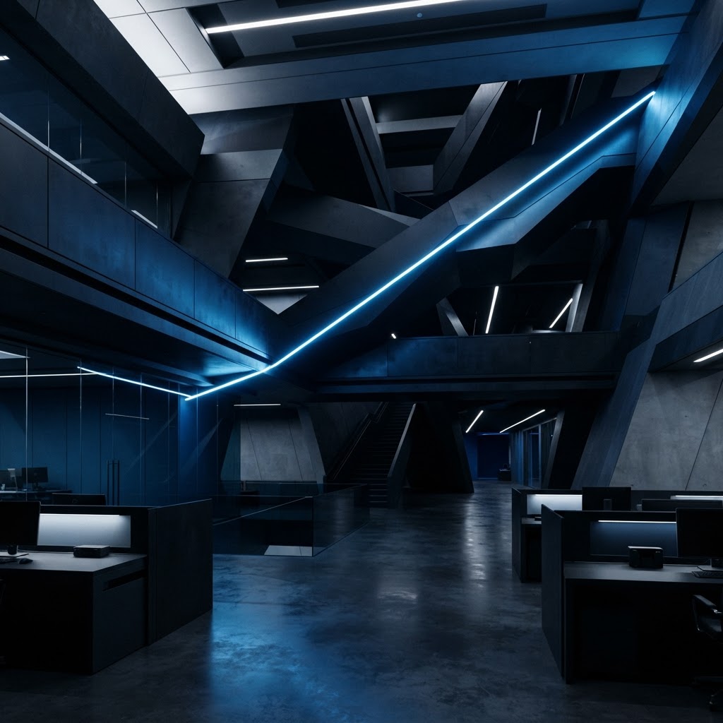 Minimalist geometric interior architecture with blue light accents