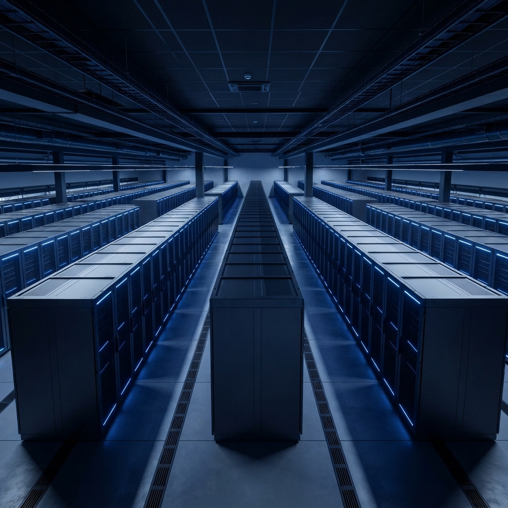Sophisticated modern server room with precise lighting