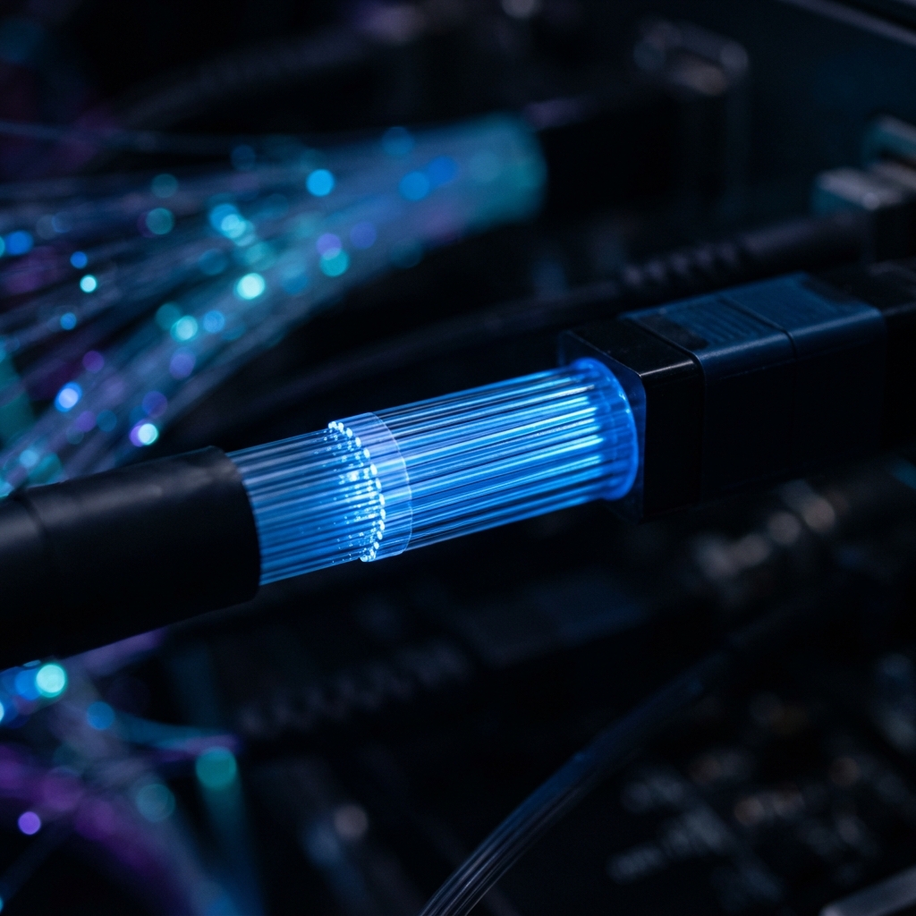 Macro view of glowing optic fiber strands in dark space