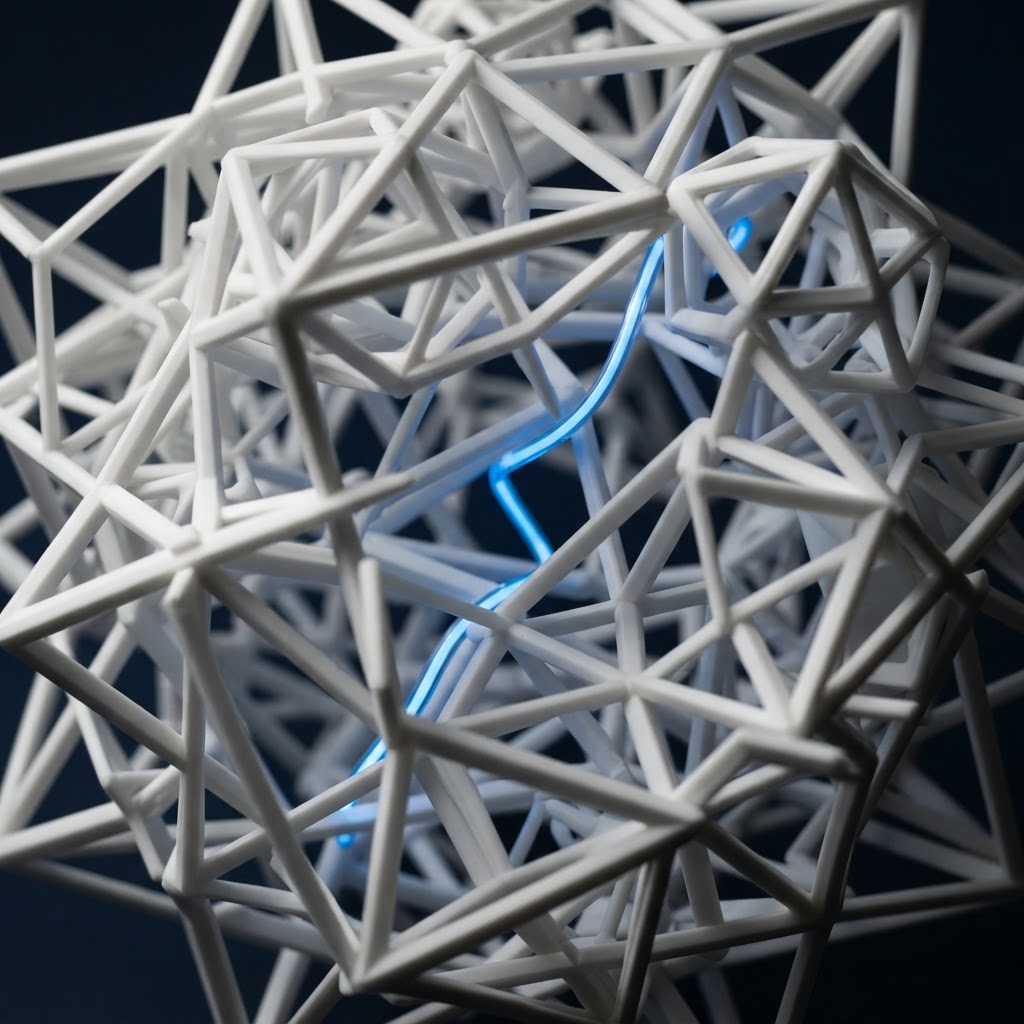 Interlocking white geometric sculpture with blue wiring