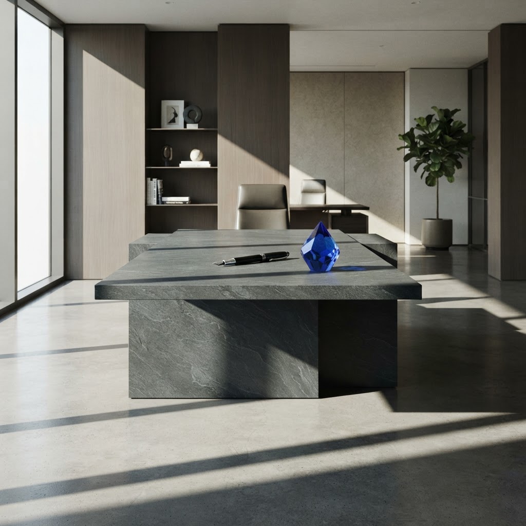 Minimalist office interior with a stone table and paperweight