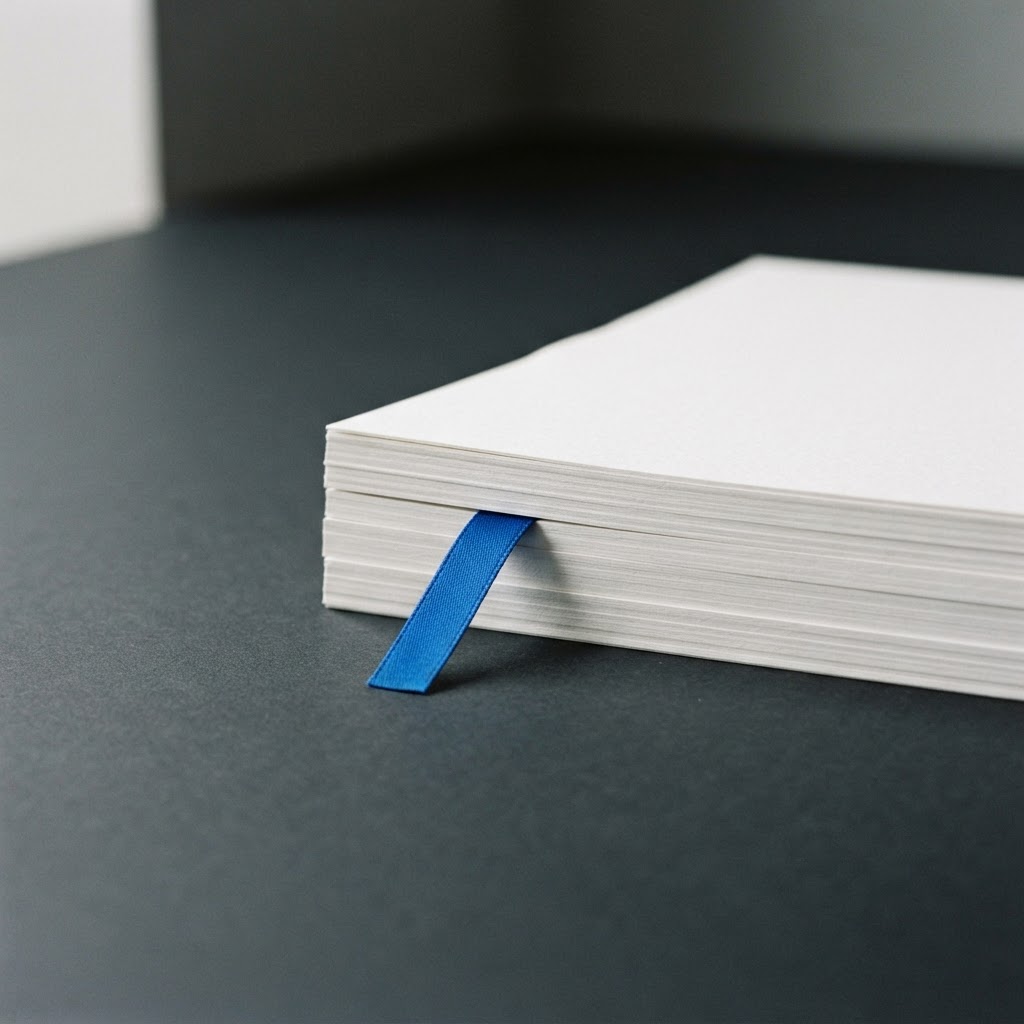 Stack of professional paper documents with a blue bookmark