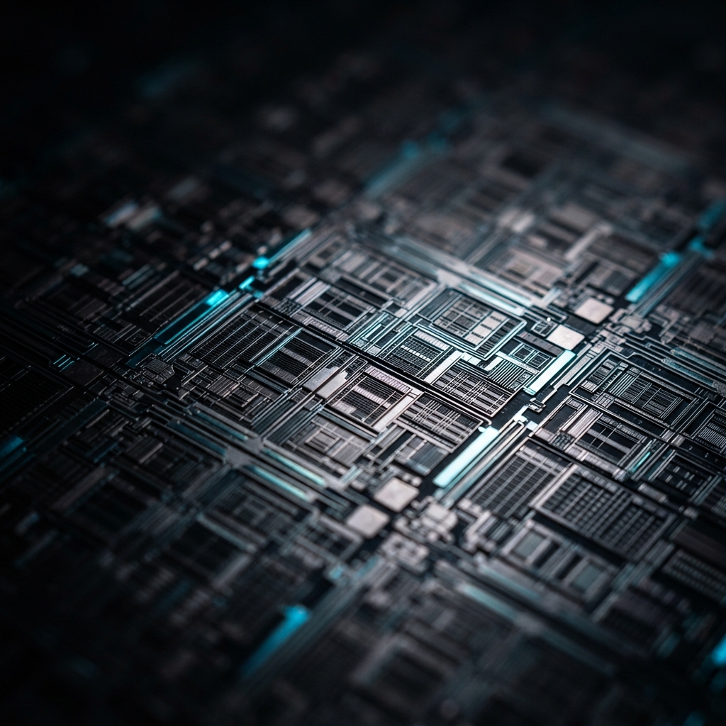 Detailed macro view of an intricate silicon wafer surface