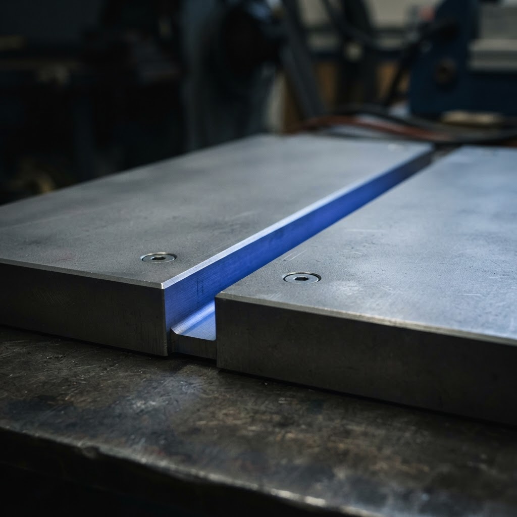 Close-up of precise slate gray metal plates with electric blue light