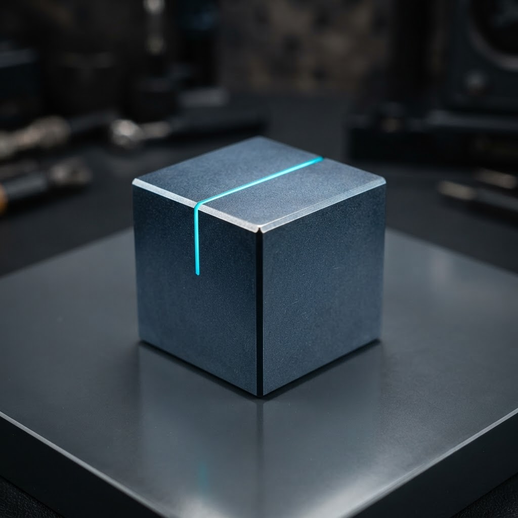Matte navy steel cube with a thin electric cyan line