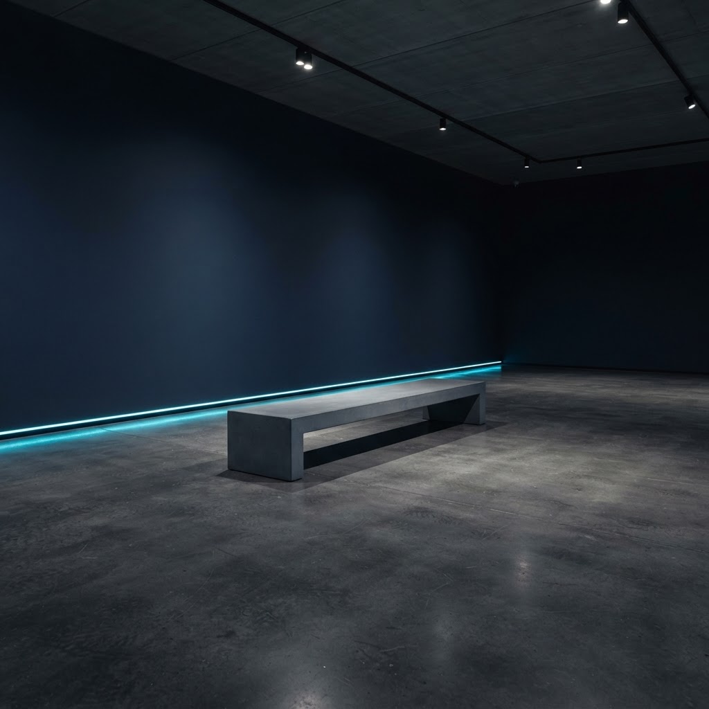 Minimalist office interior with clean lines and electric cyan trim