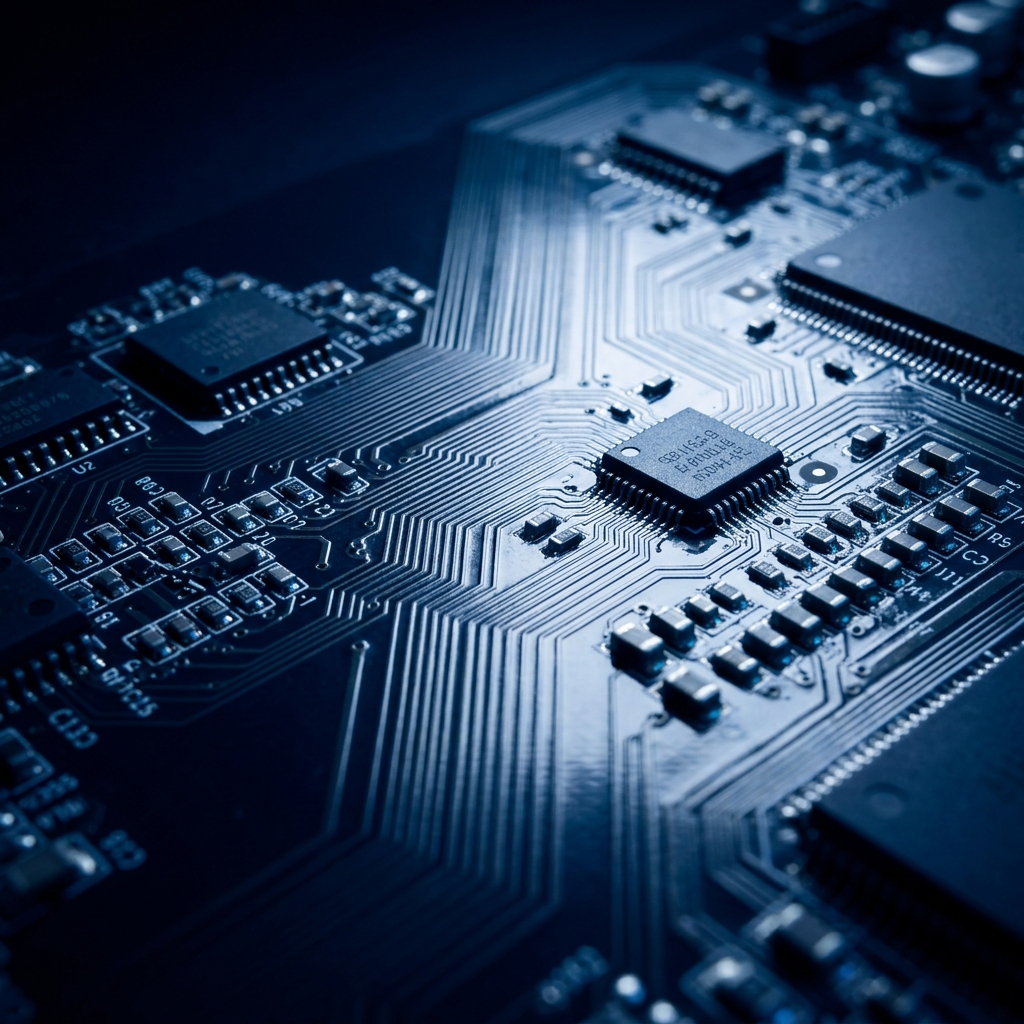 Circuit board macro with blue accent lighting