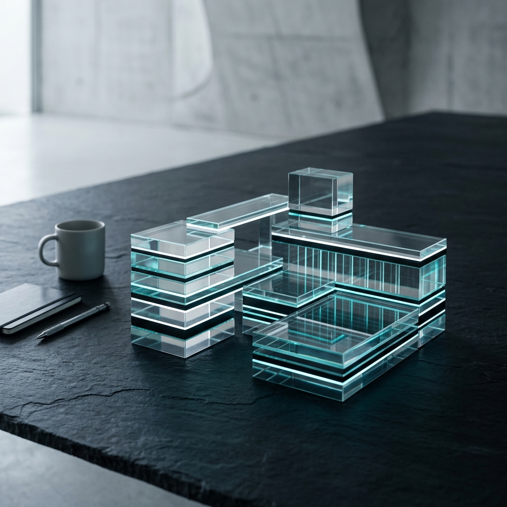 Minimalist layered geometric forms on dark surface