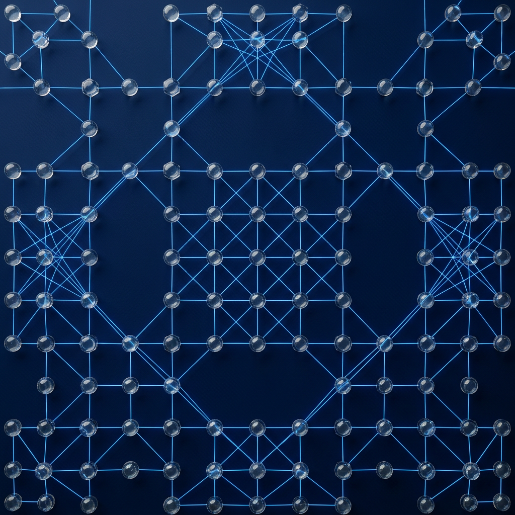 Overhead view of connected nodes with blue pathways