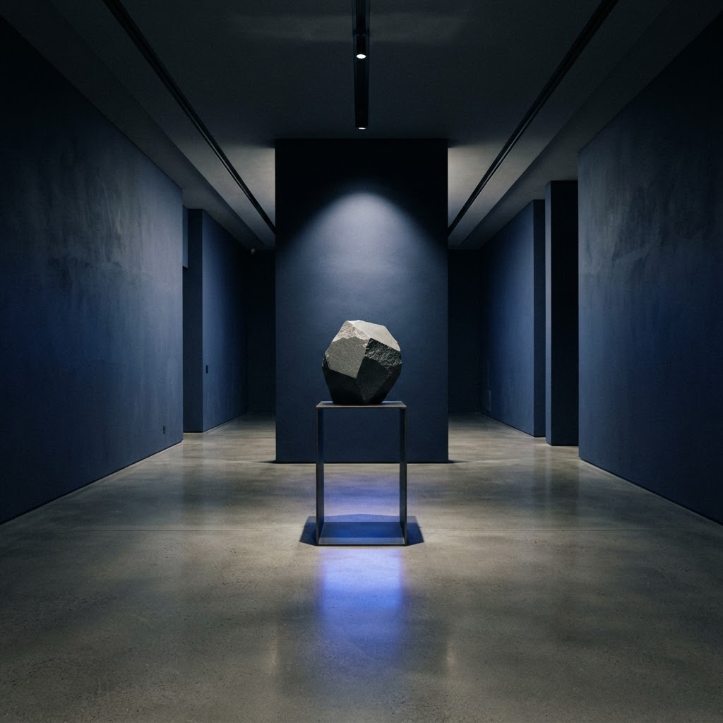 A solitary geometric sculpture in a minimalist corridor