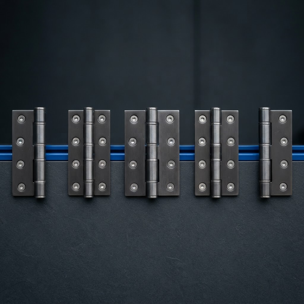 Macro view of aligned metallic industrial hinges