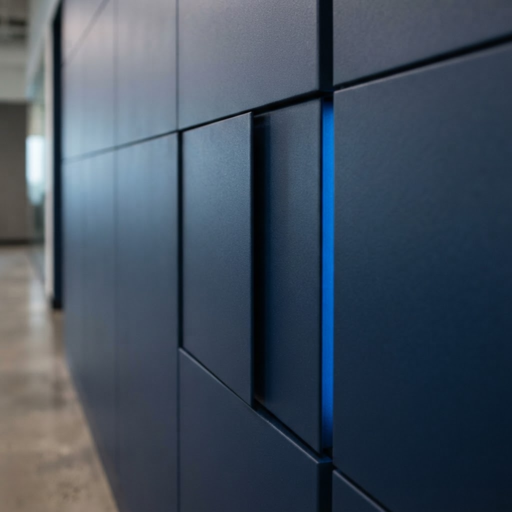 Recessed metal wall panels with a shadow gap