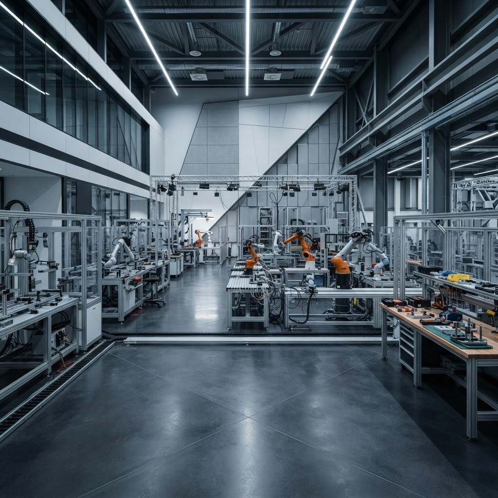 Clean minimalist robotic testing facility interior