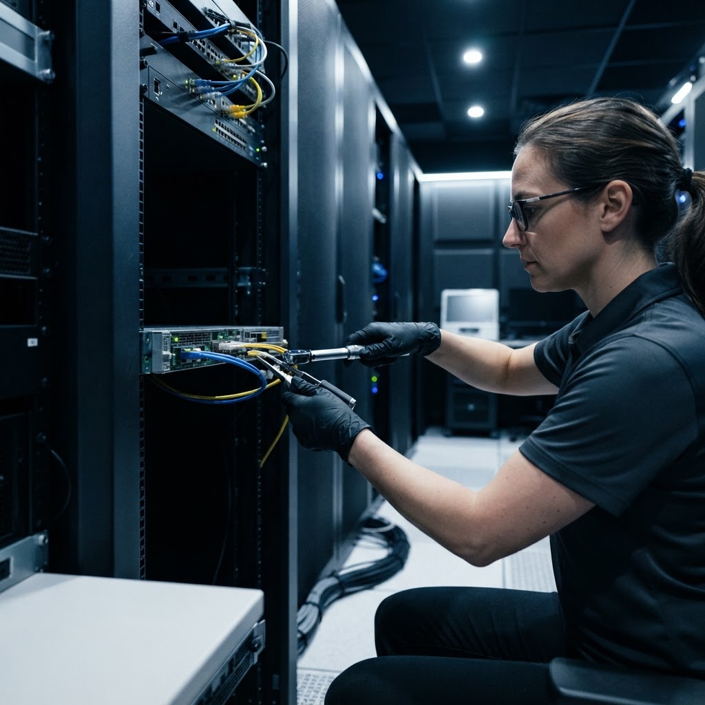 Engineer performing precise hardware maintenance and testing
