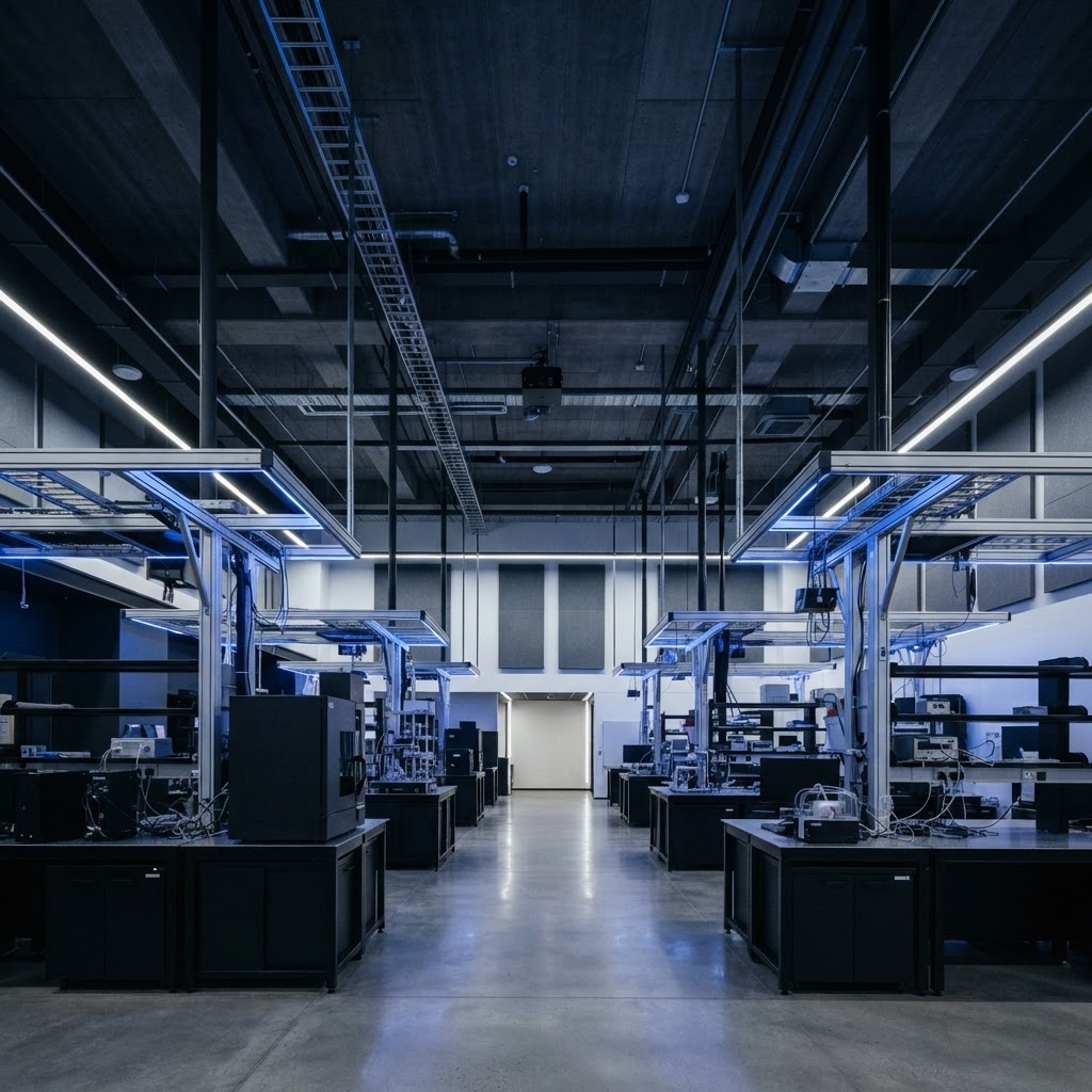 Modern architectural laboratory space with modular lighting