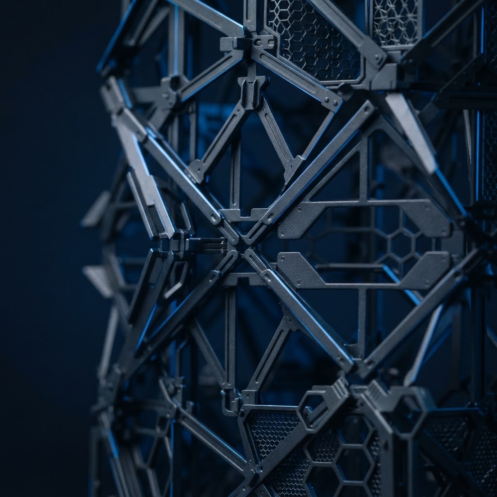 Geometric metal structure with blue light highlights
