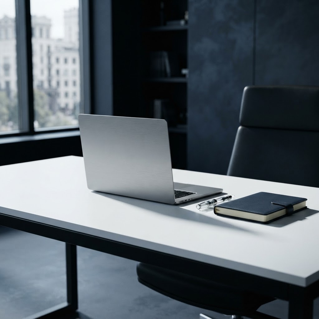 Minimalist desk with closed laptop and notebook