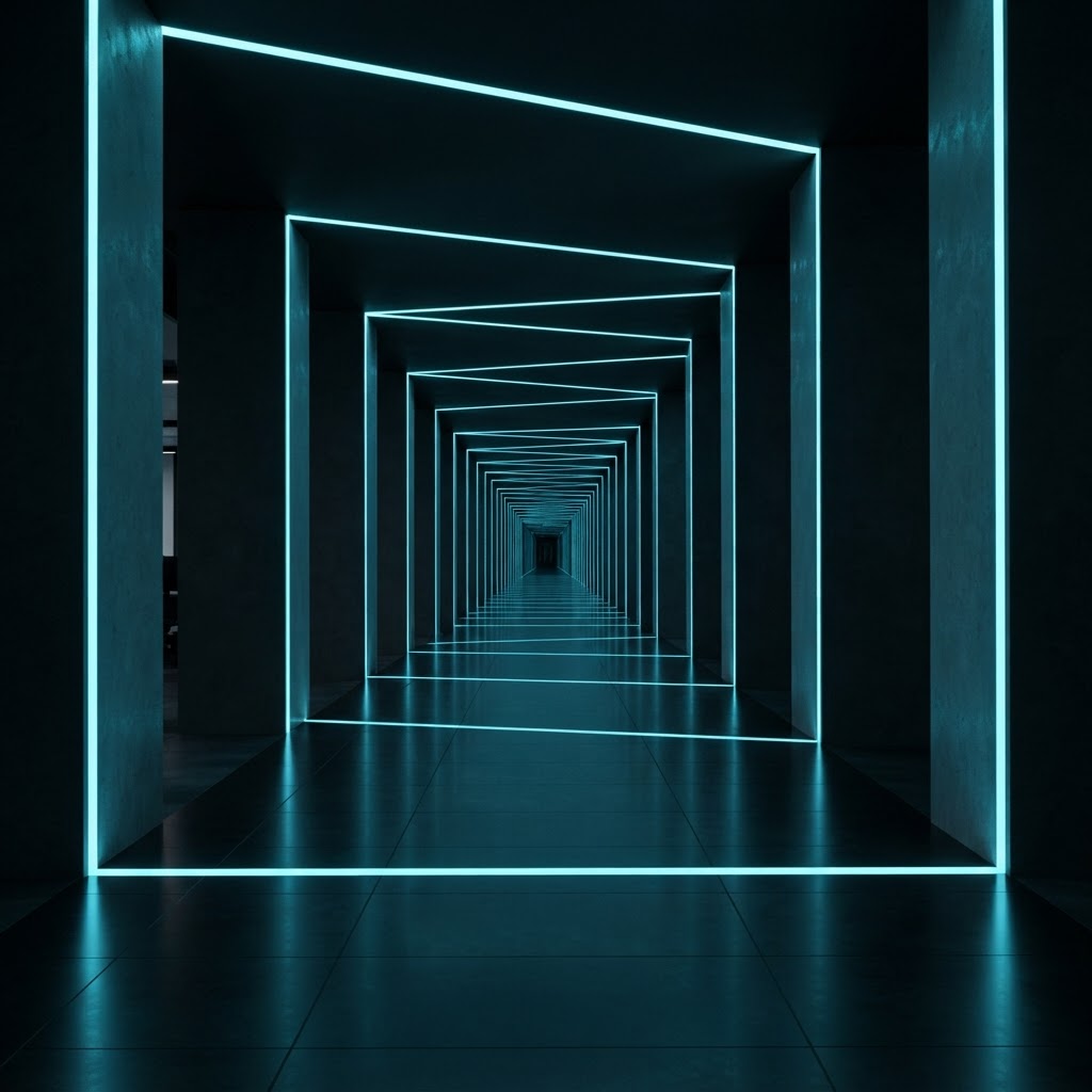 Modern office hallway with cyan light strips