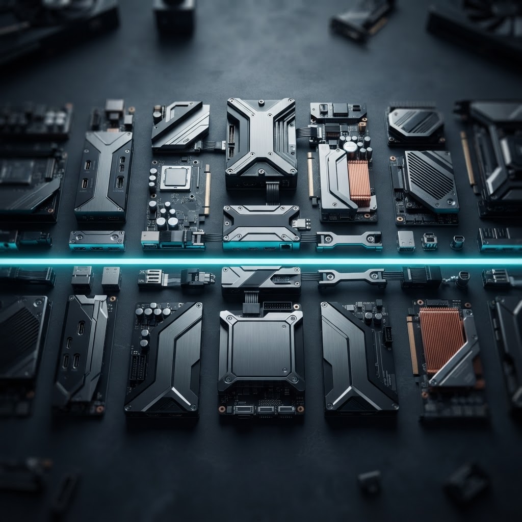 Geometric modular hardware components with blue light accents