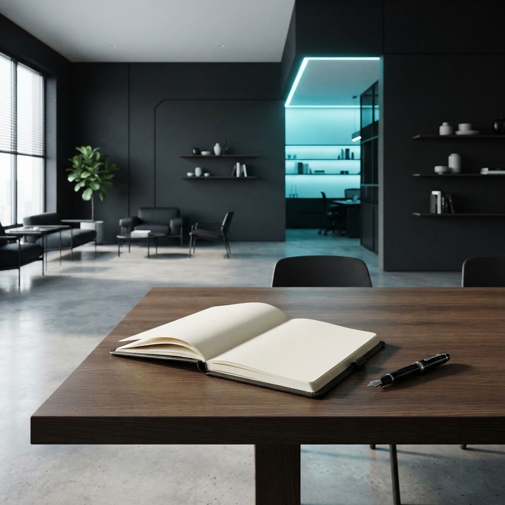 Minimalist professional workspace with architectural details